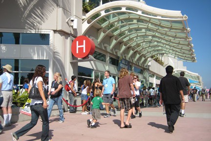 Attendees of San Diego Comic Con outside Convention Center