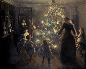 A family surrounds the brightly lighted Christmas tree - by Johansen Viggo