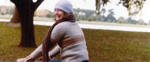 Patty Mooney rides a rented bicycle in Christchurch, New Zealand, 1982