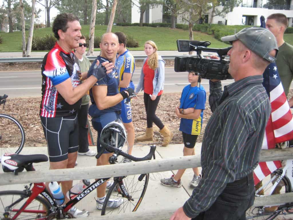 Professional video production - DP Mark Schulze videotapes Gary Ravet on Veterans Day - Photo by San Diego video producer Patty Mooney of Crystal Pyramid Productions