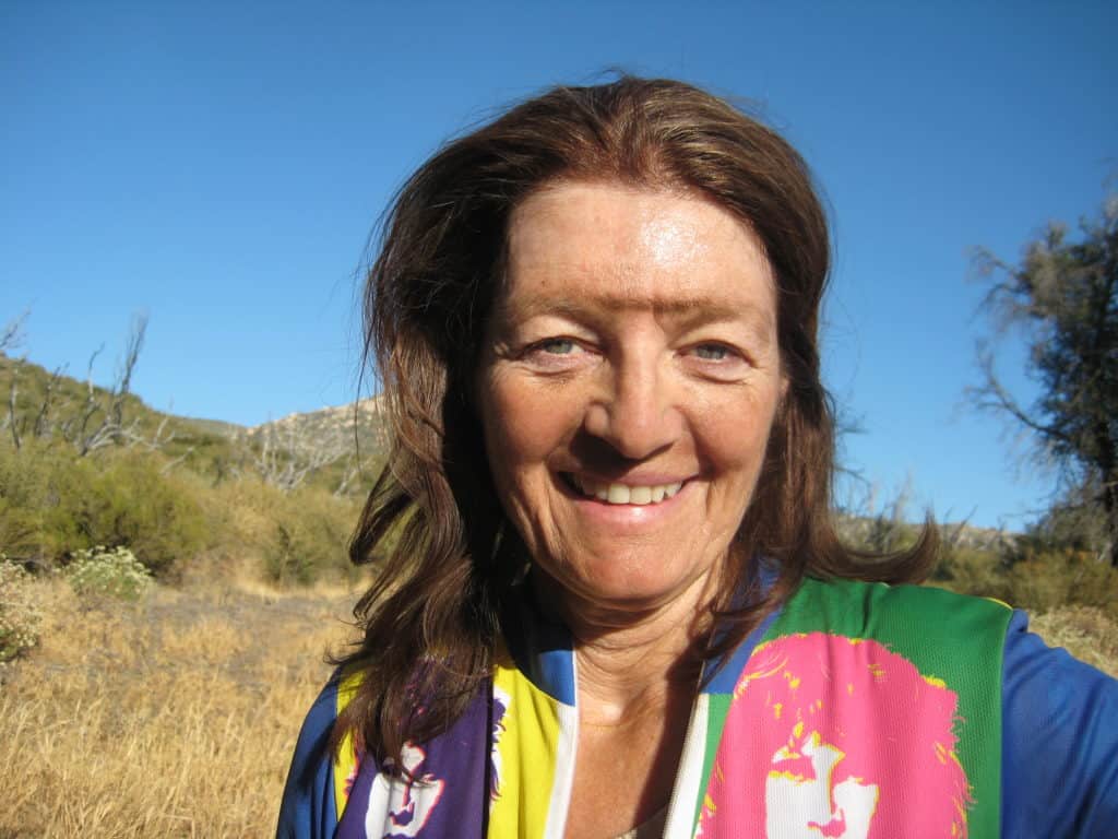 patty mooney with mono brow in jim morrison doors jersey on mountain bike ride