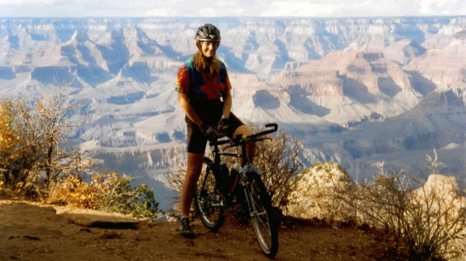 mountain biker patty mooney at grand canyon during filming of full cycle a world odyssey video