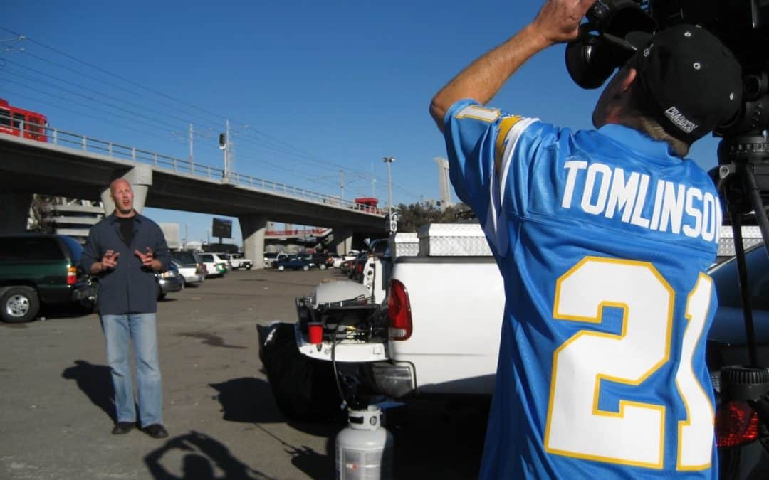 mark schulze director of photography camera operator san diego chargers football tailgate party qualcomm stadium tomlinson jersey