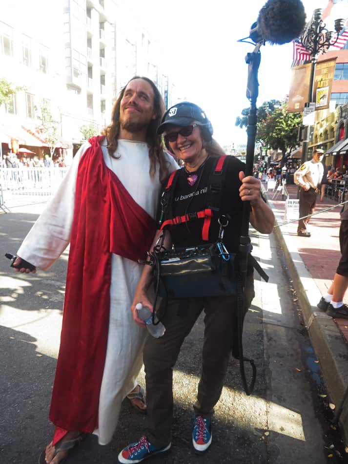 Patty Mooney with Vaping Jesus at San Diego Comic Con on Comedy Central Shoot sound technician patty mooney with vaping jesus at san diego comic con