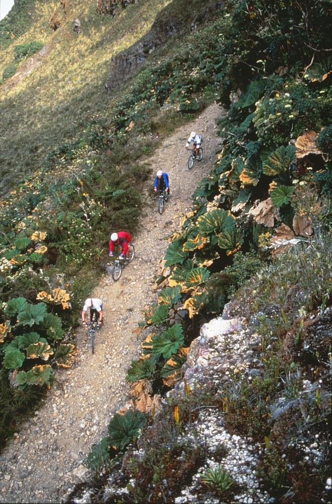 Mountain bikers descend into Turrialba Volcano Costa Rica