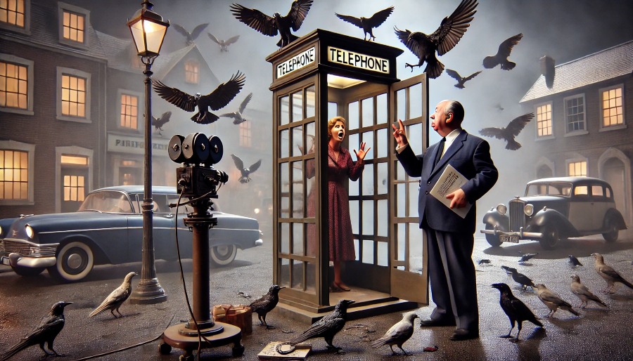 Alfred Hitchcock directs telephone booth scene in The Birds