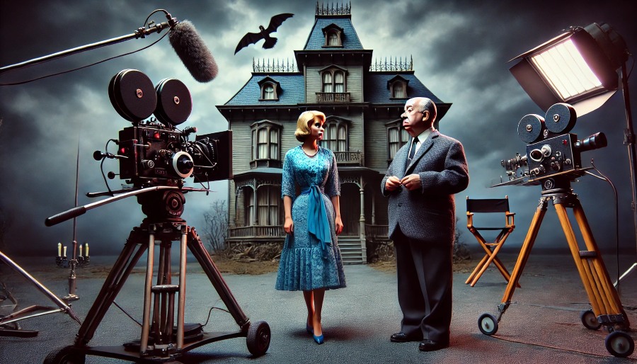 Alfred Hitchcock directs Janet Leigh in front of Bates Mansion in Psycho
