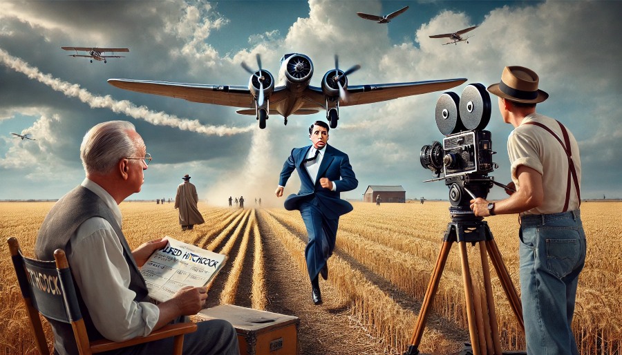 scene from Alfred Hitchcock's North by Northwest with crop duster above