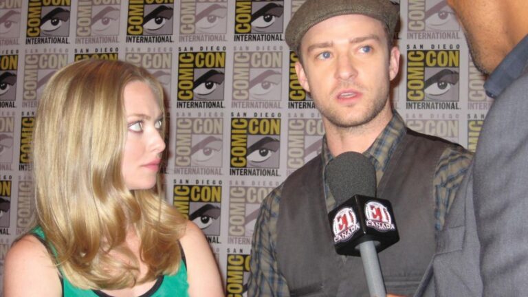 Amanda Seyfried and Justin Timberlake on the red carpet at San Diego Comic-Con, photo by Patty Mooney