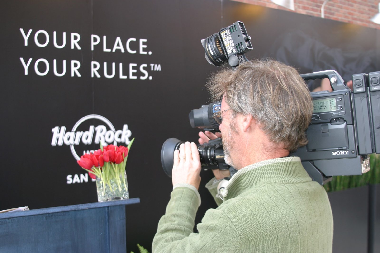 Director of photography Mark Schulze filming at the San Diego Hard Rock Hotel