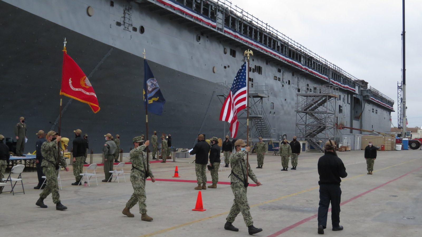 Color guard with U.S., Navy and Marine Corps flags at the USS Bonhomme Richard decommissioning ceremony on the San Diego waterfront